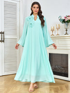 V-Neck Loose Long-Sleeve Maxi Dress, Light Blue & White