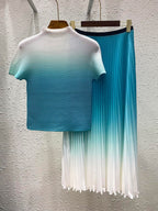 Pleated Gradient Elastic Waist Top & Skirt Co-ord Set for Women