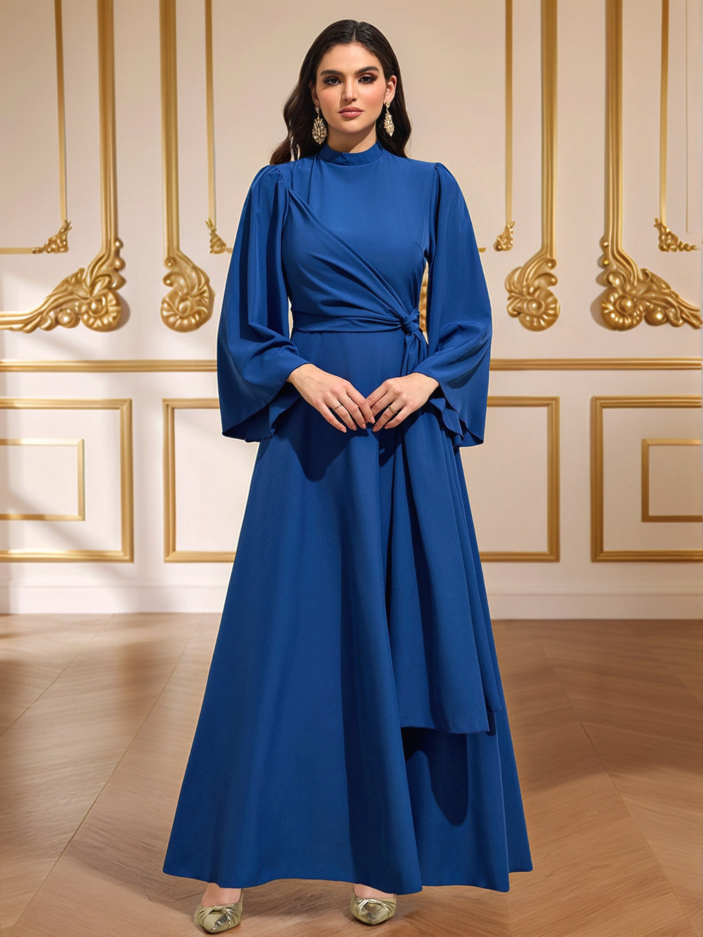 Cyan Blue Waist-Cinching Stretch Maxi Dress