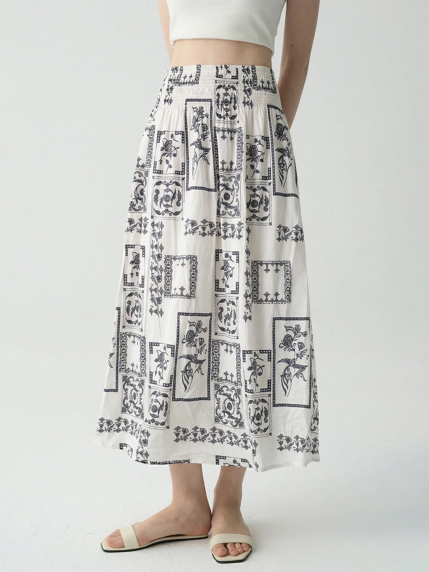 Elegant Fashion Design Printed A-Line Skirt High Waist Slimming Cool Feel Midi Skirt