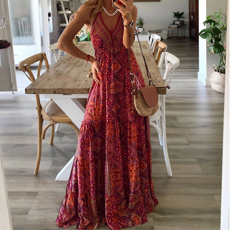 Floral Print V-Neck Maxi Dress
