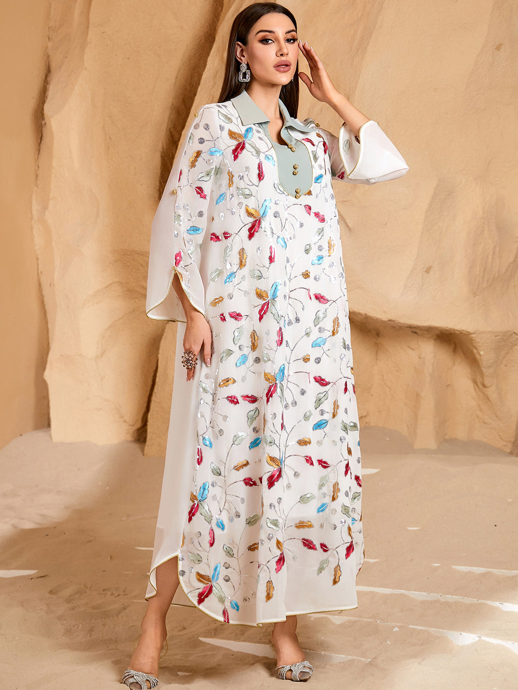 Beaded Embroidered Robe Maxi Dress
