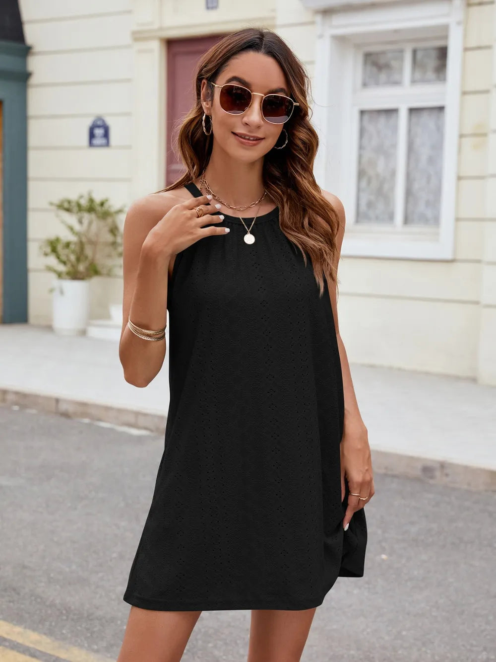 Eyelet sleeveless mini dress, feminine summer dress by Vilmere
