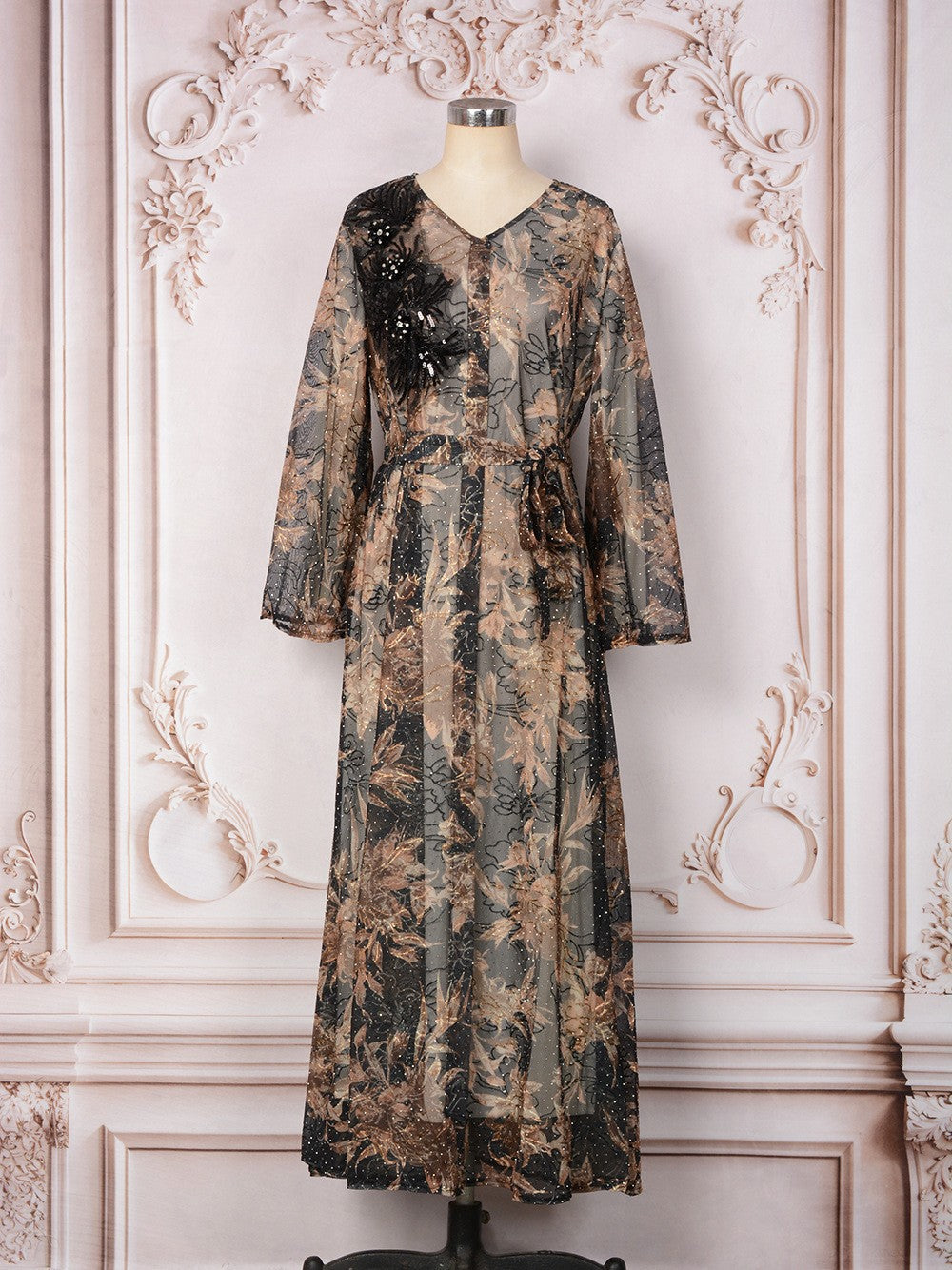 V-Neck Lace-Up Long-Sleeve Maxi Dress
