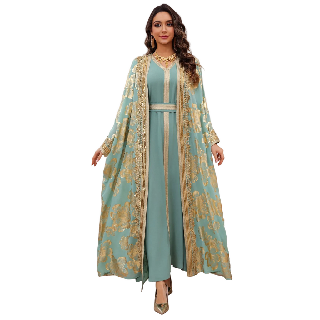 Gold Foil Flared Two-Piece Party Dress for women with long sleeves