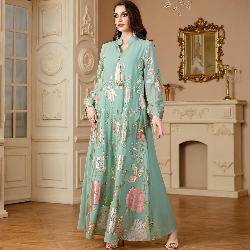 Muslim Middle Eastern Sequin Embroidered Women's Long Robe Fashion Tassel Dubai Dress