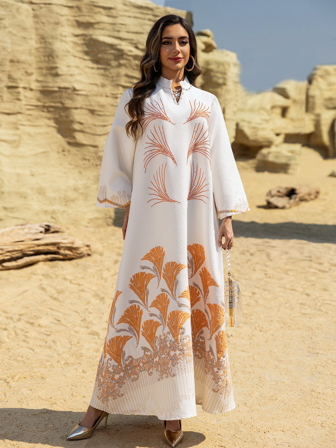 Embroidered Rhinestone Knit Maxi Dress