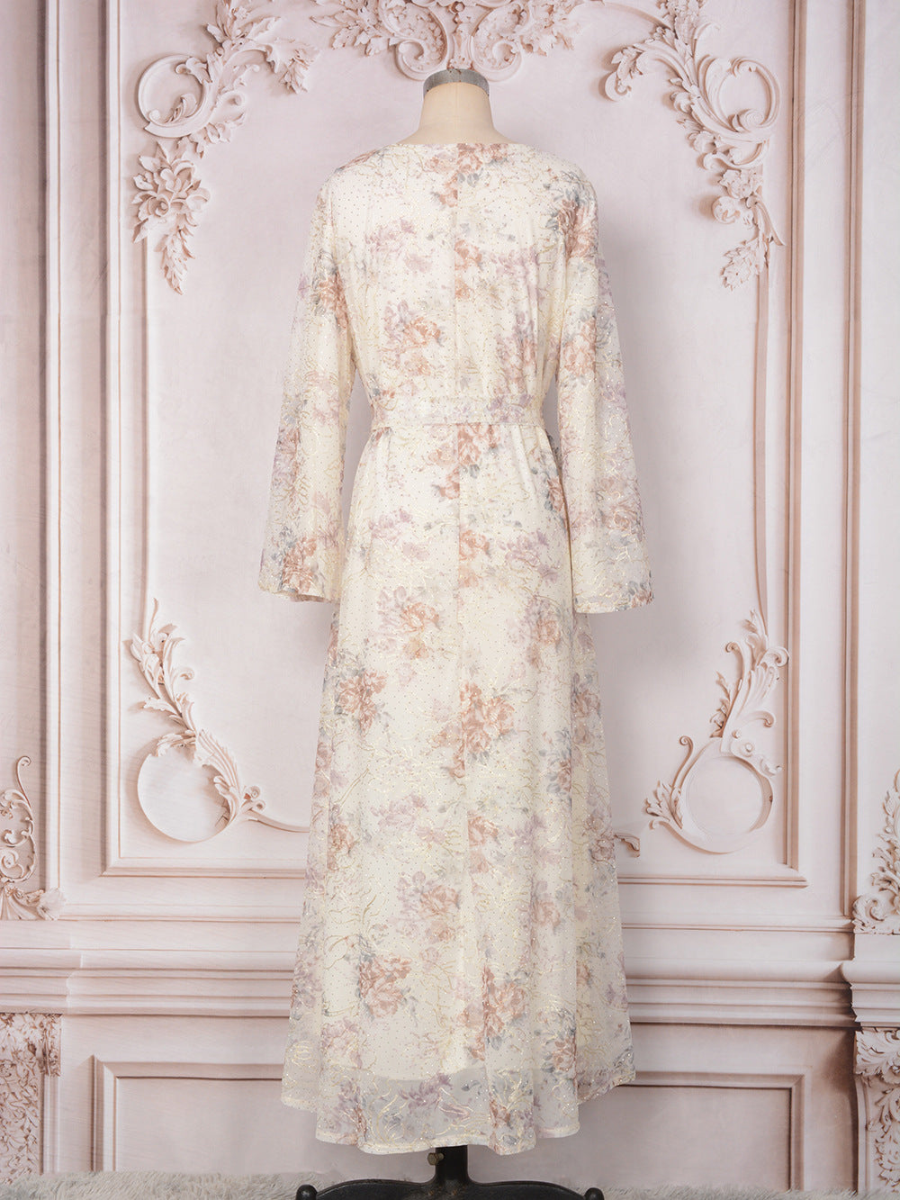 V-Neck Lace-Up Long-Sleeve Maxi Dress