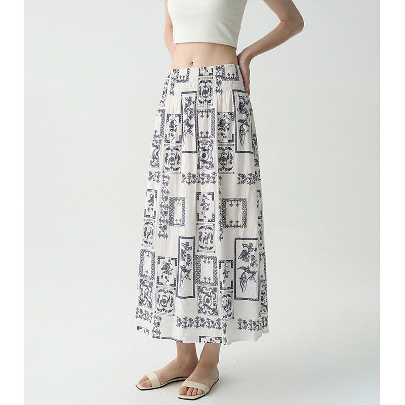 Elegant Fashion Design Printed A-Line Skirt High Waist Slimming Cool Feel Midi Skirt