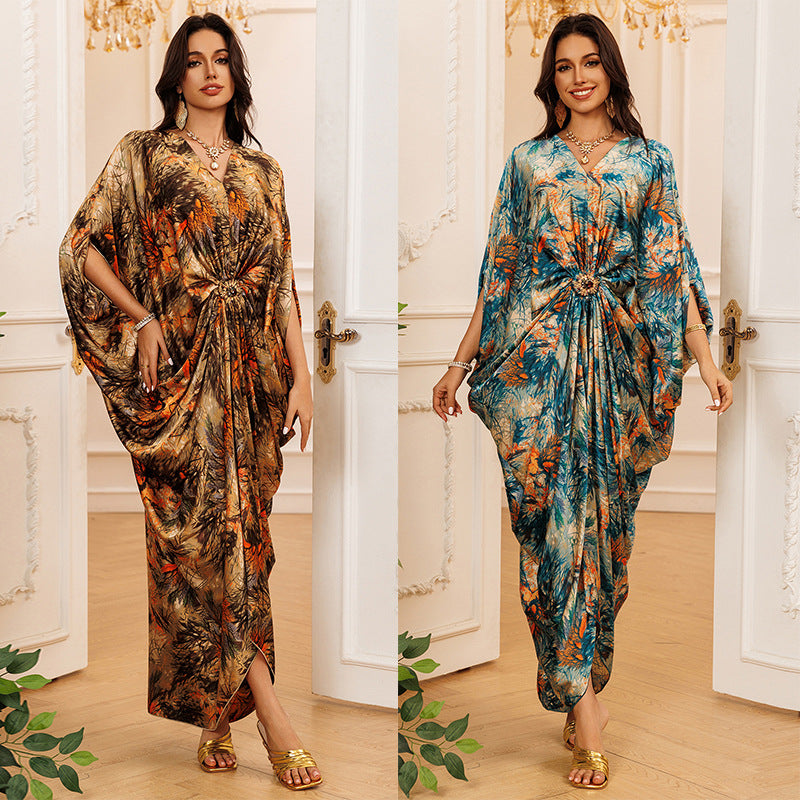 Printed Loose Crew-Neck Maxi Dress