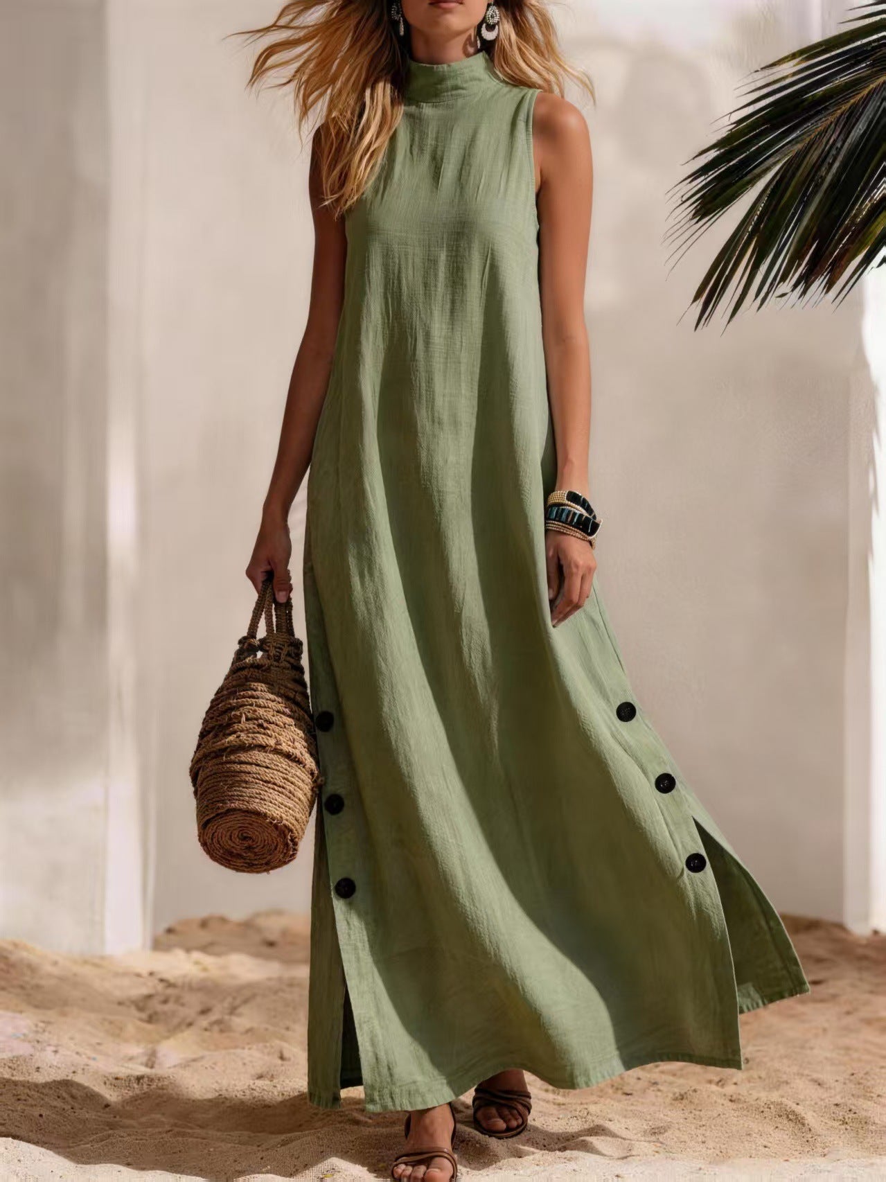 Cotton Linen Side-Slit Maxi Dress for Women, Sleeveless