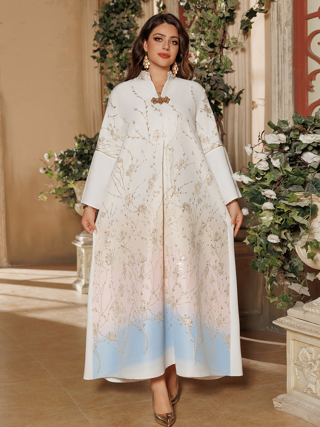 Embroidered Lace-Up Maxi Dress