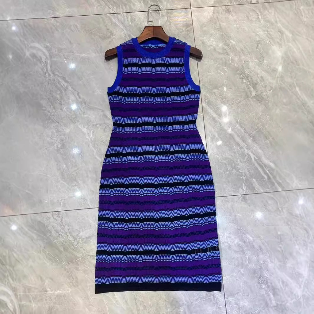 Striped Jacquard Knitted Sleeveless Waist-Cinching Dress for Women
