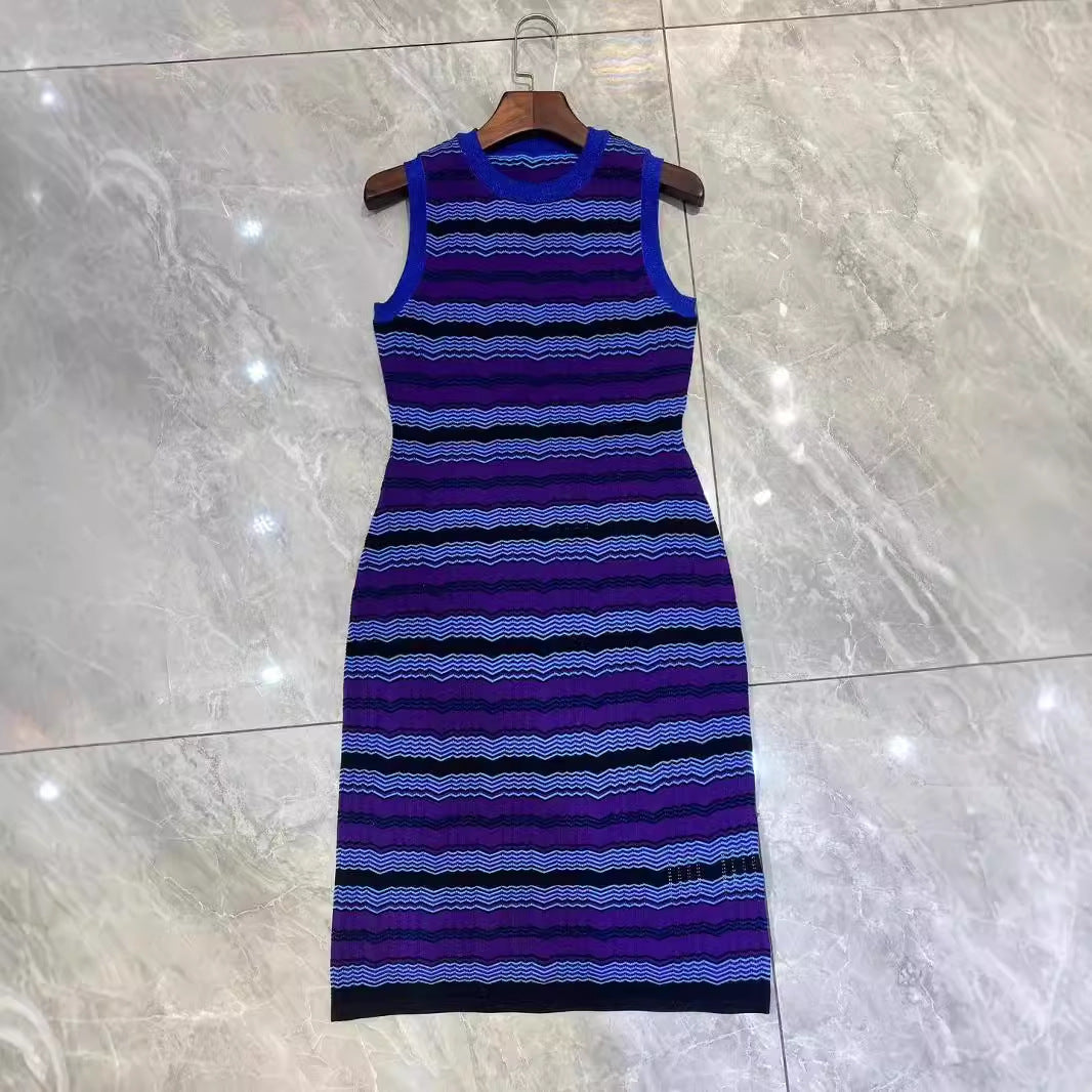 Striped Jacquard Knitted Sleeveless Waist-Cinching Dress for Women