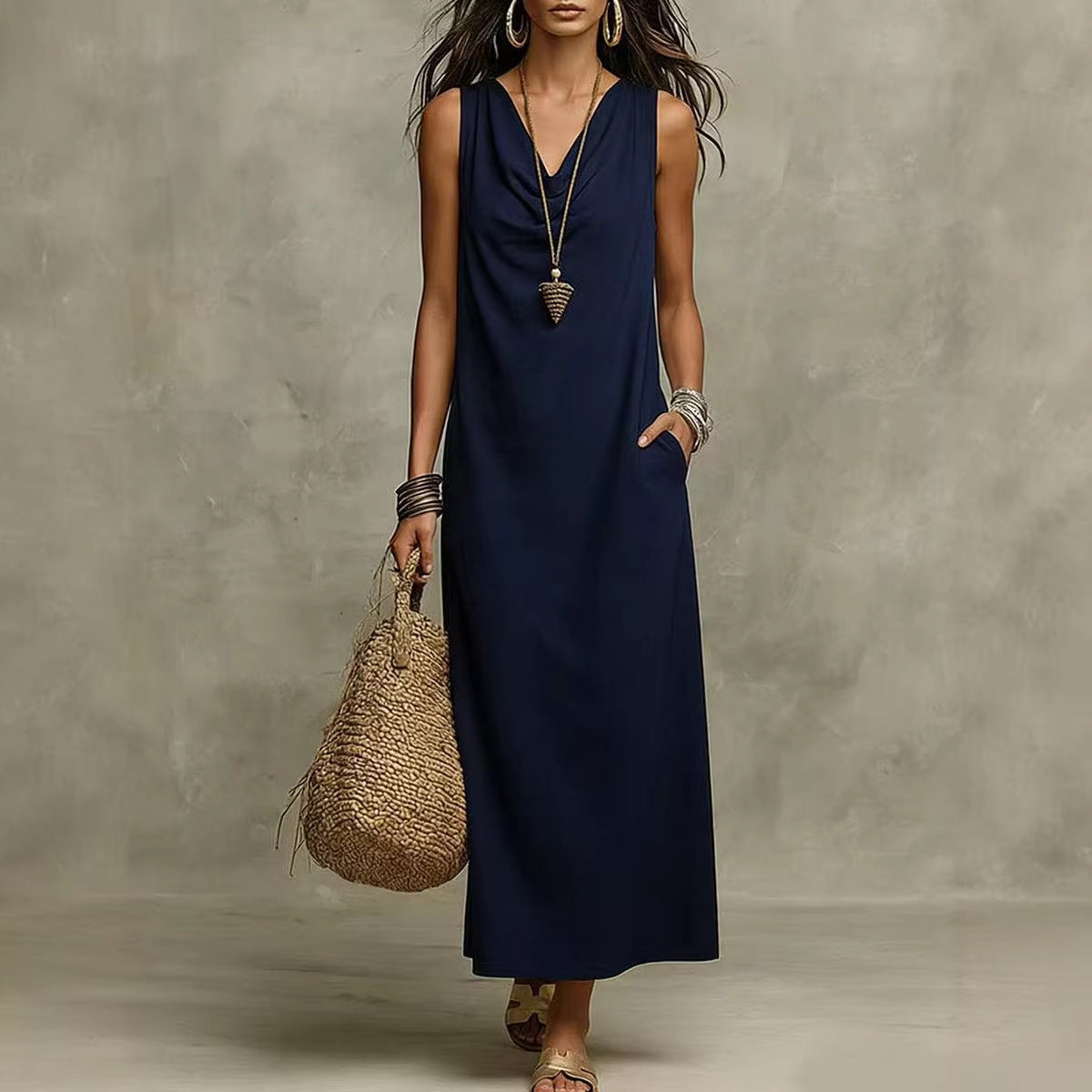 Solid Halter V-Neck A-Line Maxi Dress Secondary image