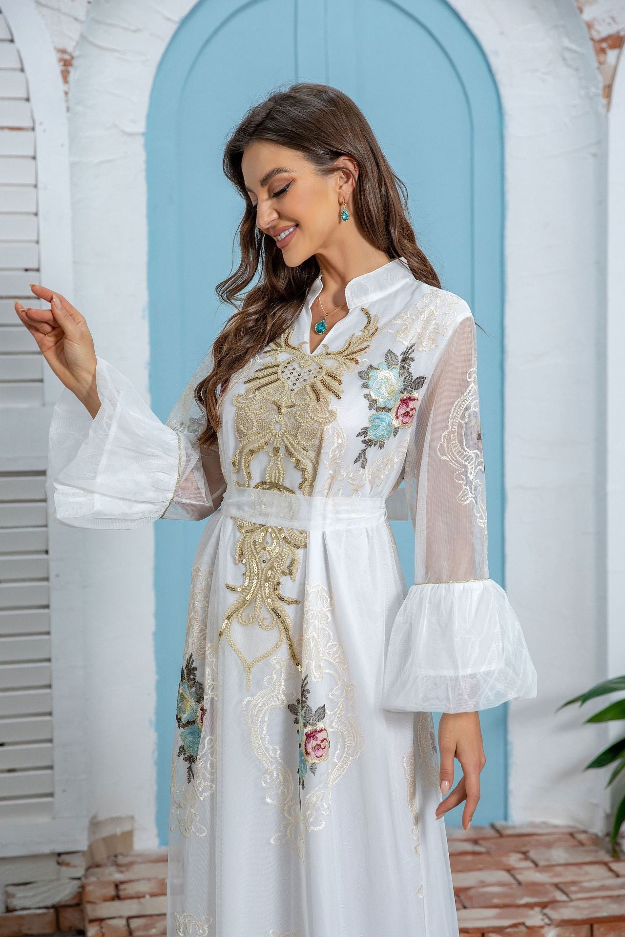 White Slim-Fit Long-Sleeve Maxi Dress