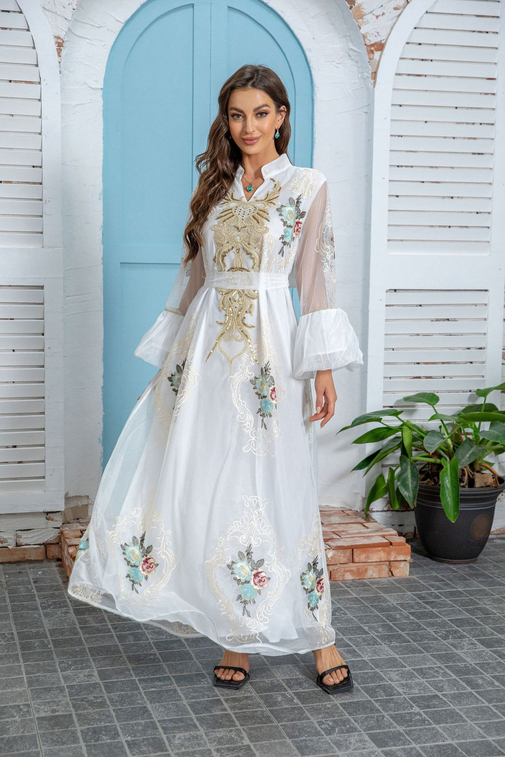 White Slim-Fit Long-Sleeve Maxi Dress