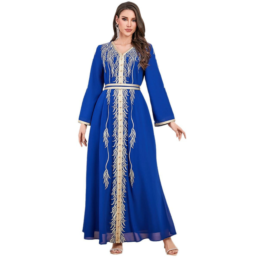 Embroidered Beaded V-Neck Robe Maxi Dress