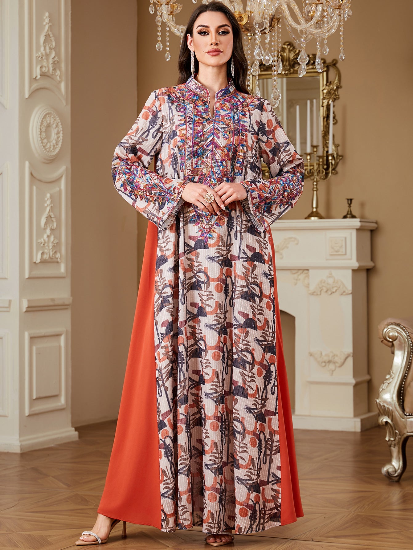 Orange Printed Robe Maxi Dress
