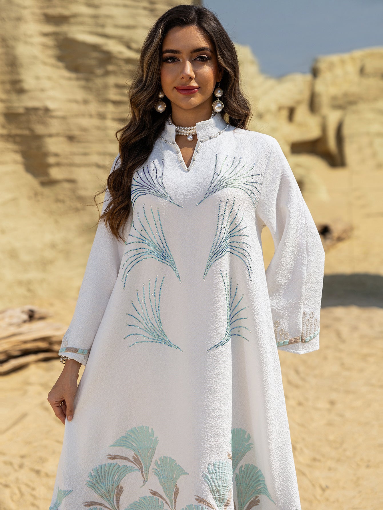 Embroidered Rhinestone Knit Maxi Dress