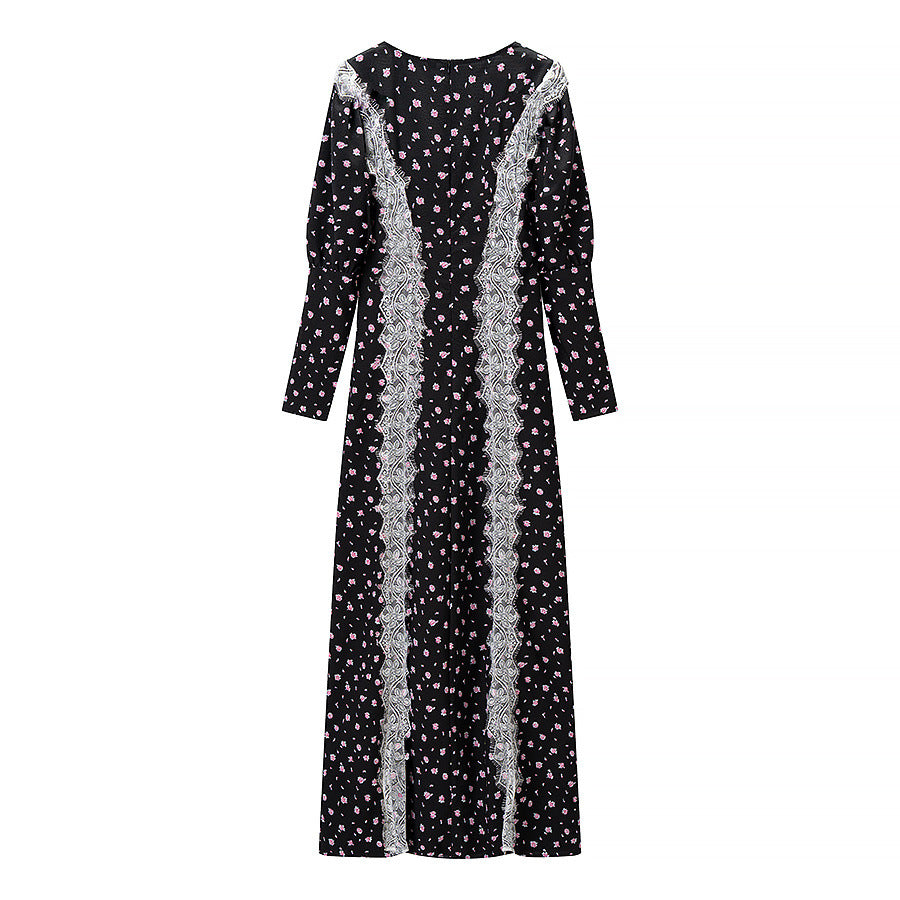 Lace Patchwork A-Line Maxi Dress for Women, Deep V-Neck Long Sleeve