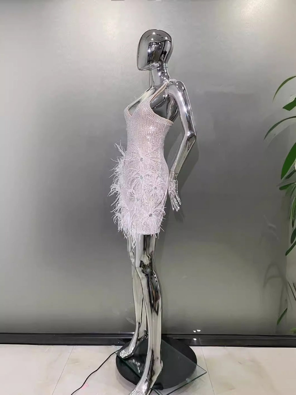 Sequin Diamond Feather Hem Suspender Gown in Ivory