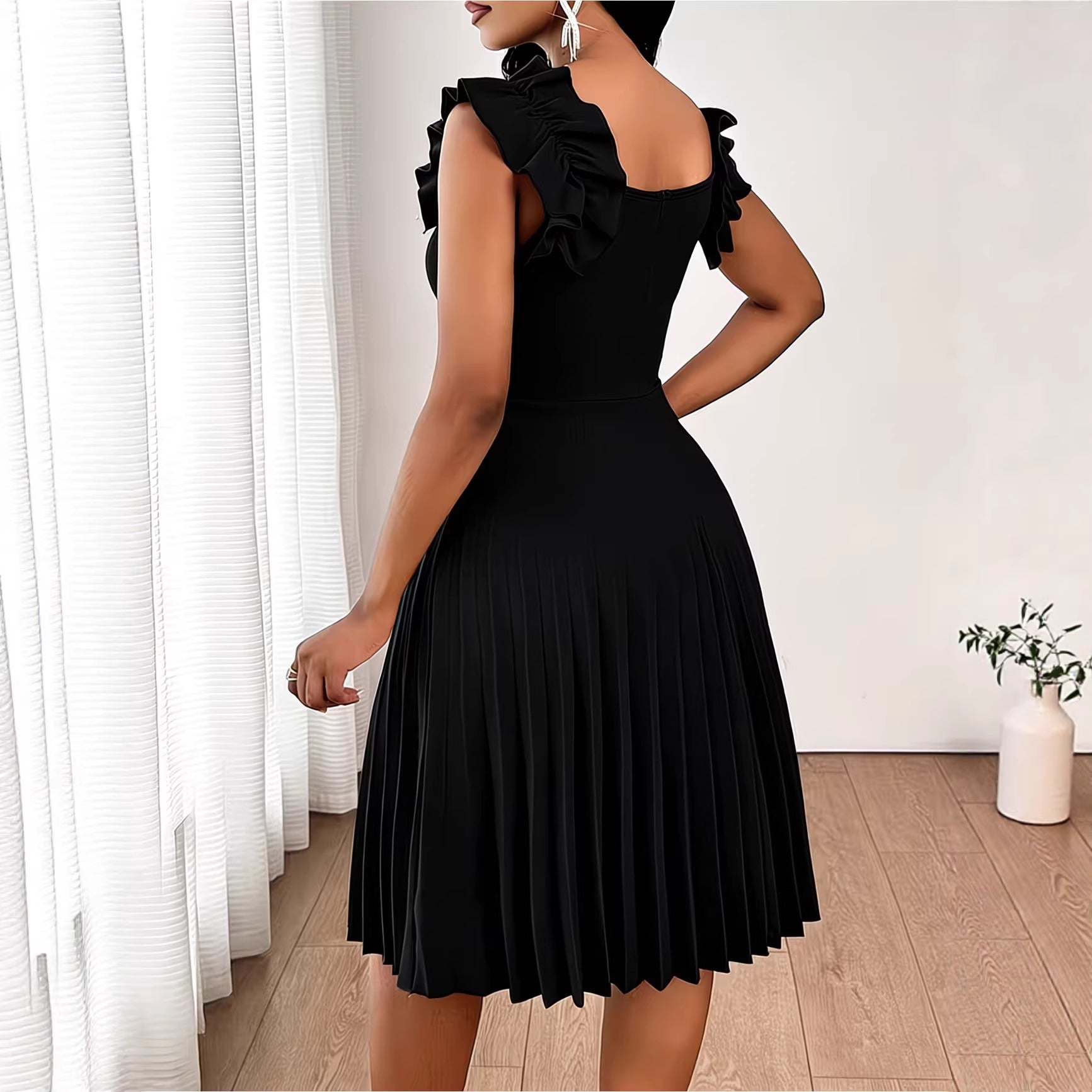 Pleated Square-Neck Plus-Size Dress, Black Secondary image