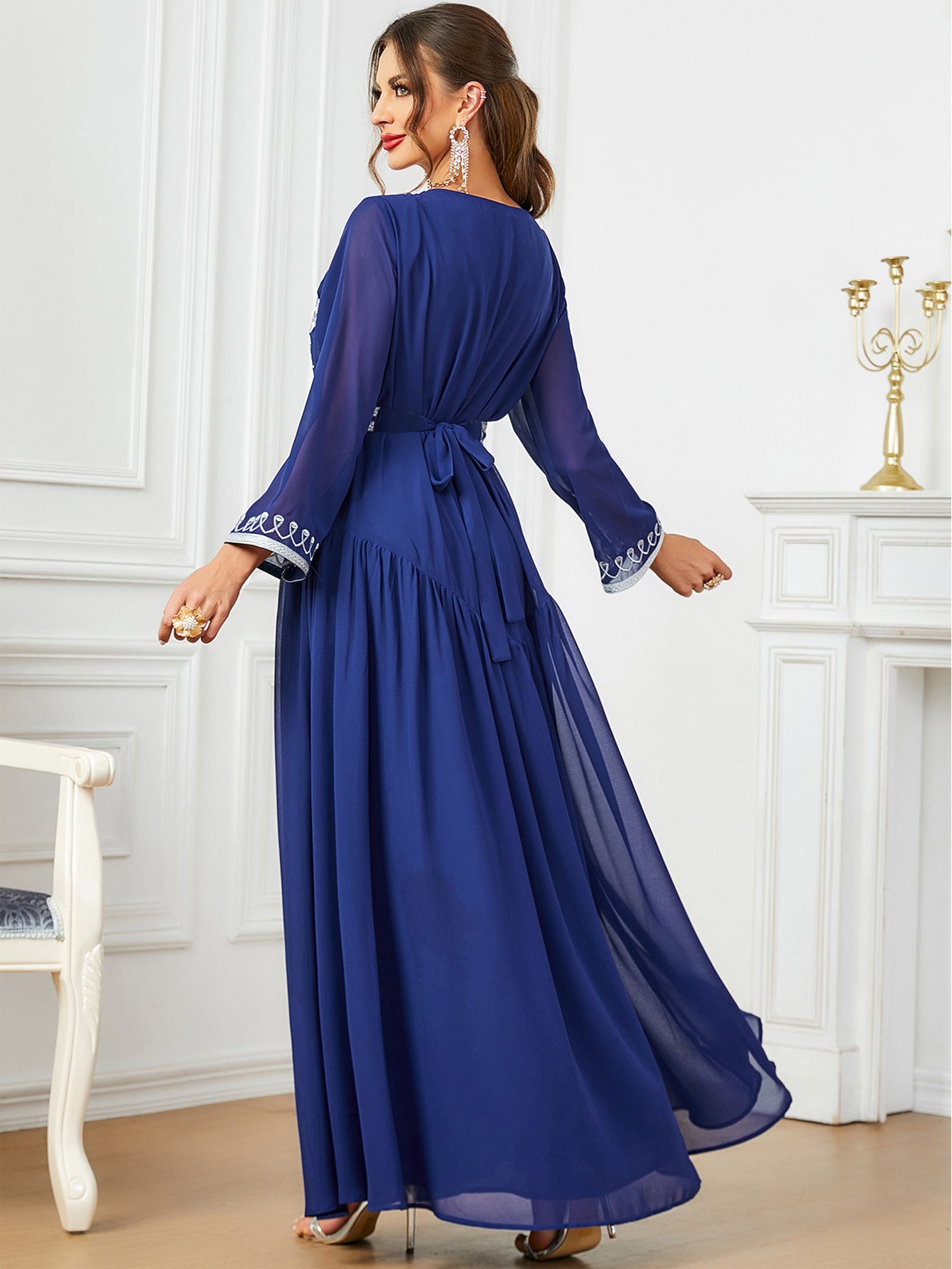 Embroidered V-Neck Robe Maxi Dress
