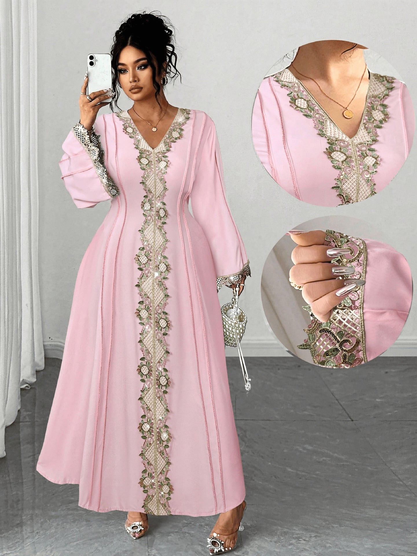 long sleeves maxi dress with embroidered detailing for women