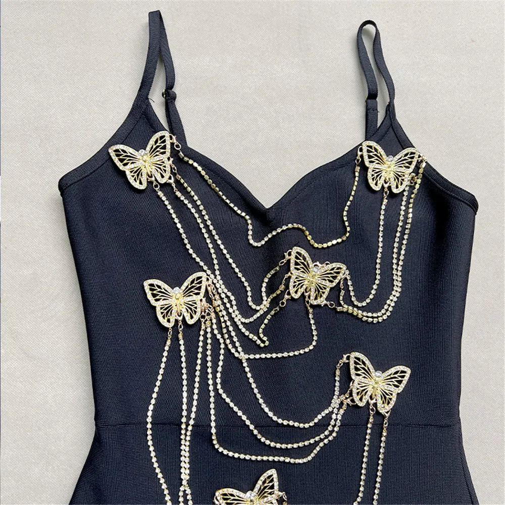 Embroidered Butterfly Bead Chain Maxi Dress for Women