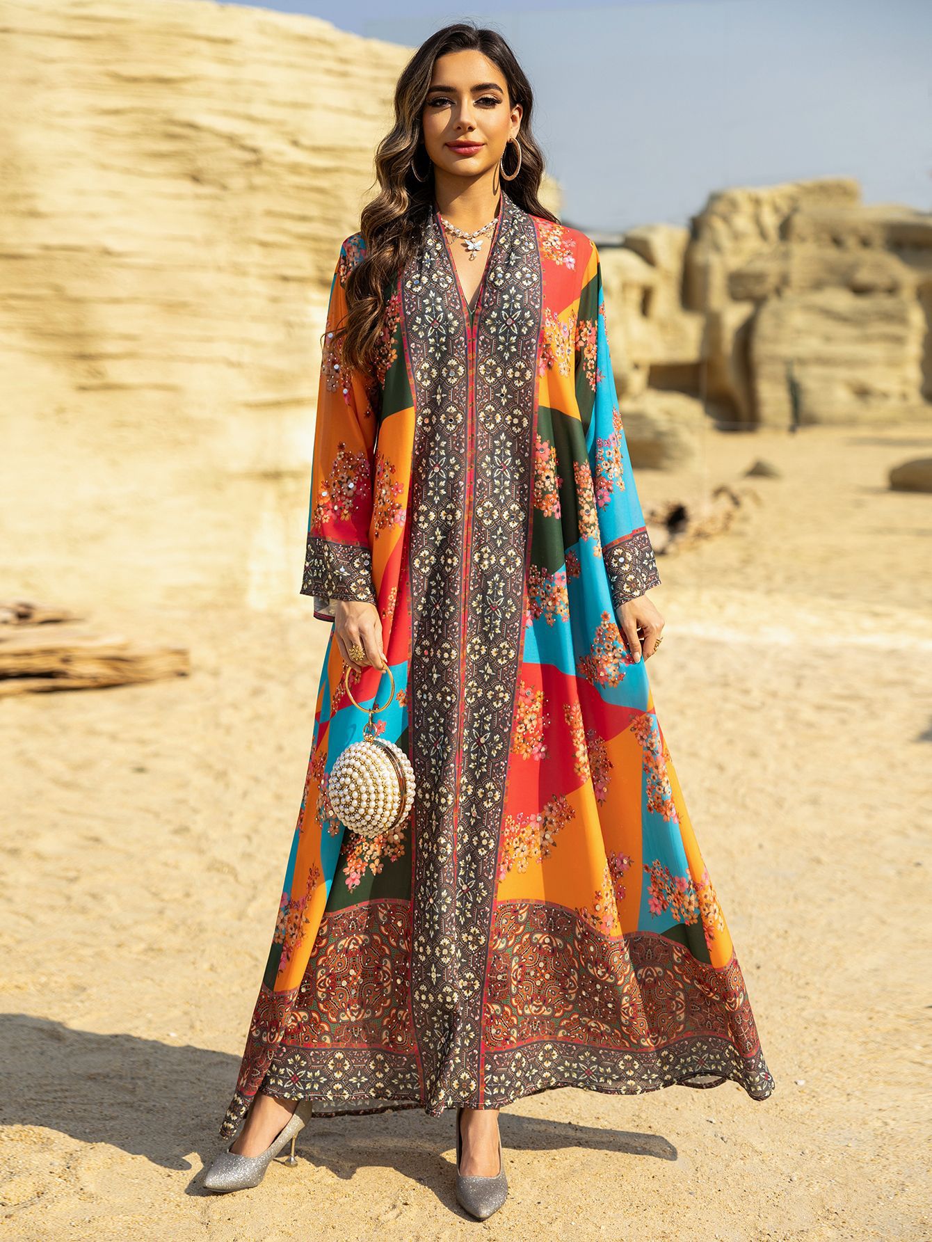 Rhinestone Printed Maxi Dress
