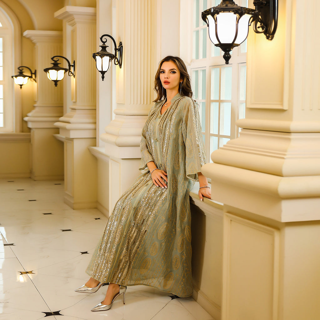 Sequined Embroidered Robe Maxi Dress