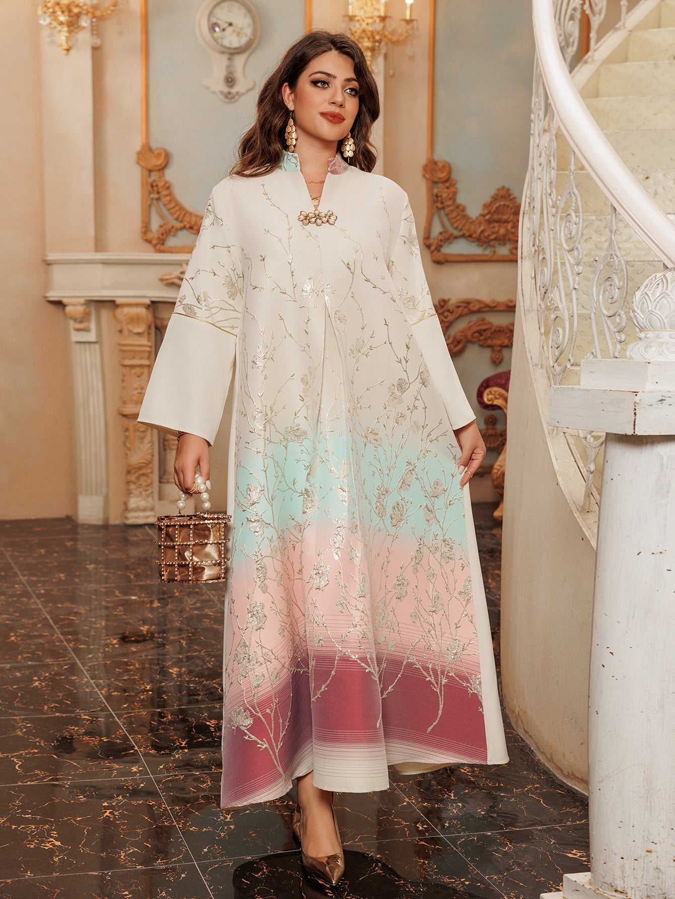 Embroidered Lace-Up Maxi Dress