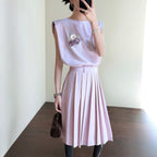 Sleeveless Vest and Pleated Midi Skirt Two-Piece Set for Women