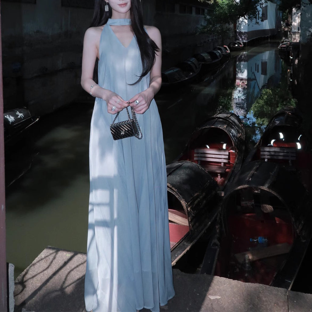 Sheer Backless Halter Maxi Beach Dress for Women, Sleeveless