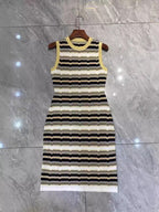 Striped Jacquard Knitted Sleeveless Waist-Cinching Dress for Women