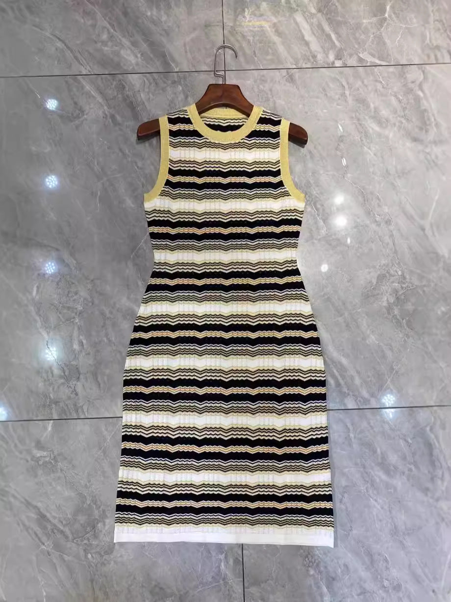 Striped Jacquard Knitted Sleeveless Waist-Cinching Dress for Women