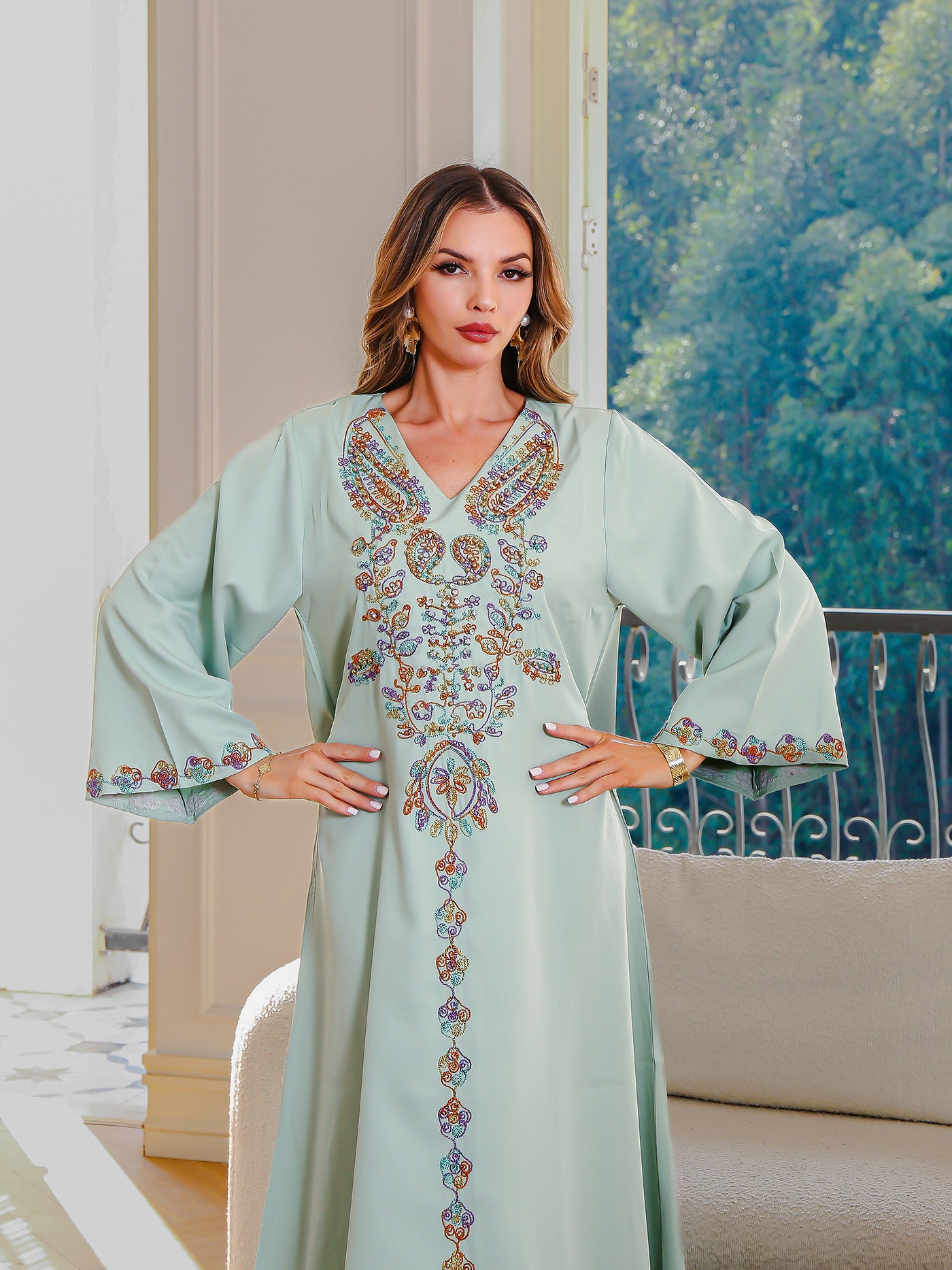 V-Neck Embroidered Robe Maxi Dress