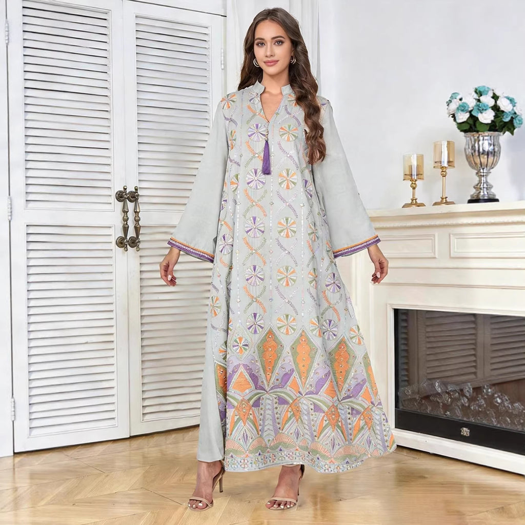 V-Neck Tassel Long-Sleeve Maxi Dress