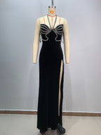 Diamond-Studded Strapless Backless Slit Maxi Dress for Women
