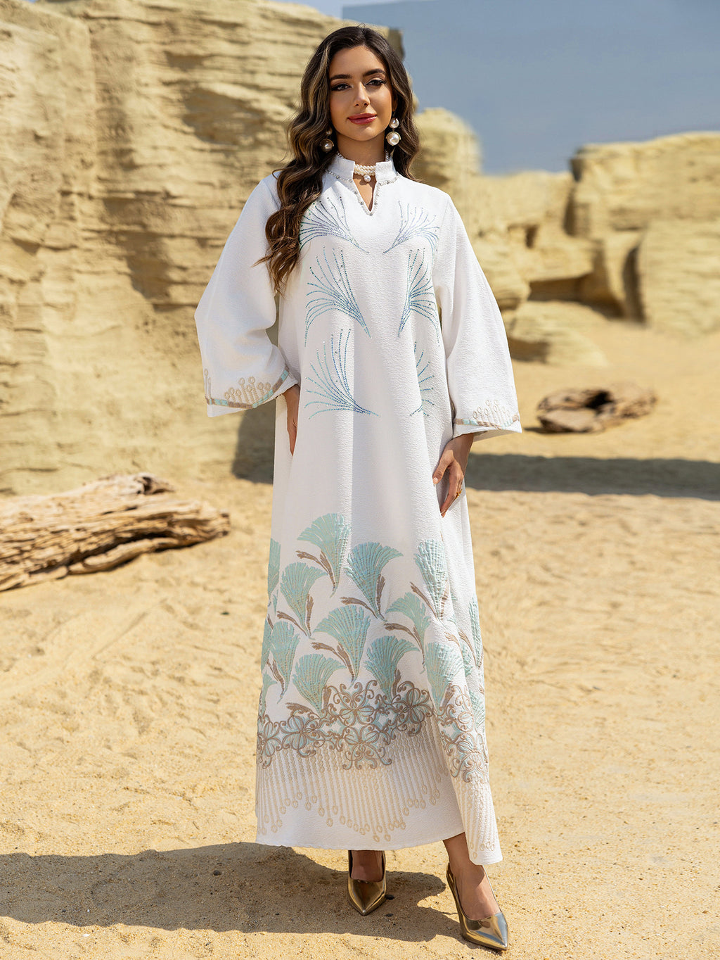 Embroidered Rhinestone Knit Maxi Dress