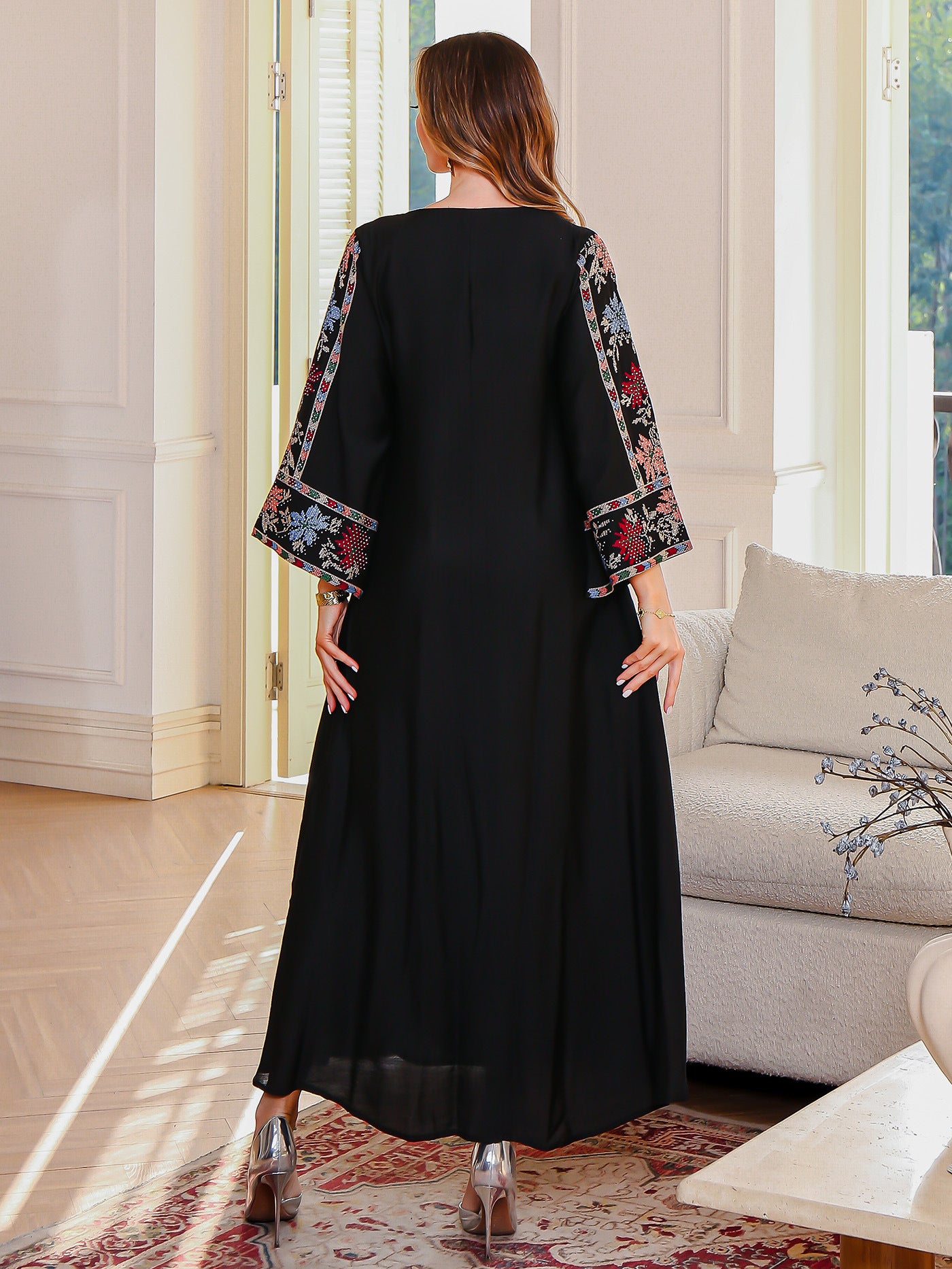 Floral Embroidered Beaded Robe Maxi Dress