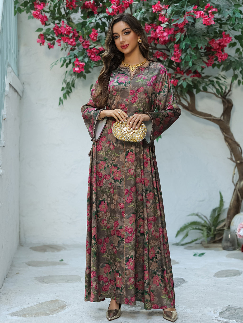 Printed Rhinestone Maxi Dress