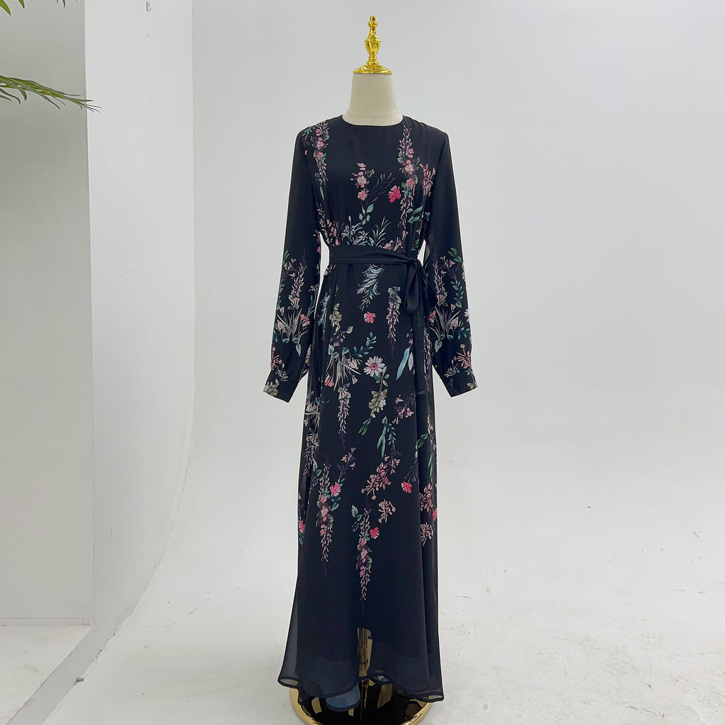 Printed Stand-Collar Long-Sleeve Maxi Dress