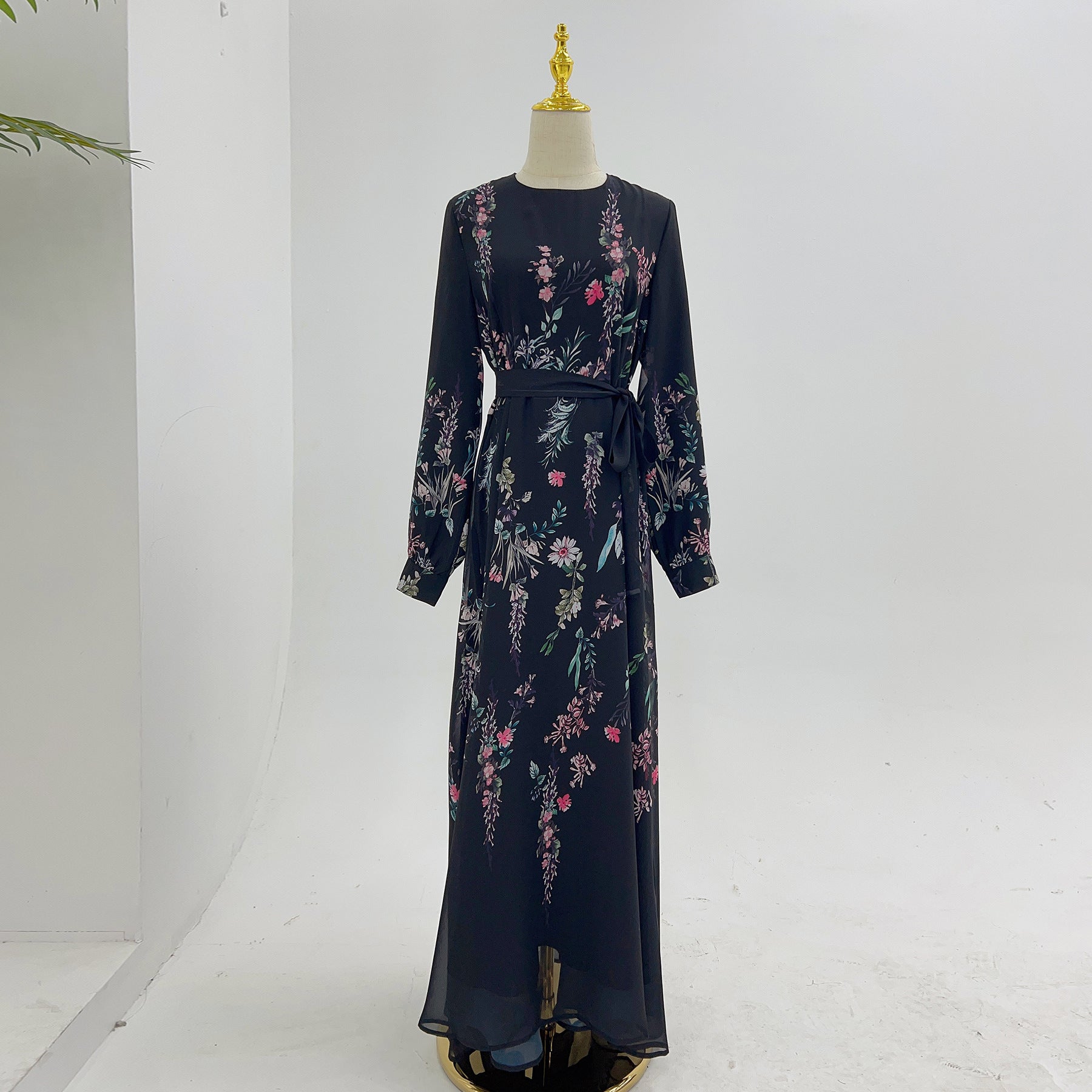 Printed Stand-Collar Long-Sleeve Maxi Dress