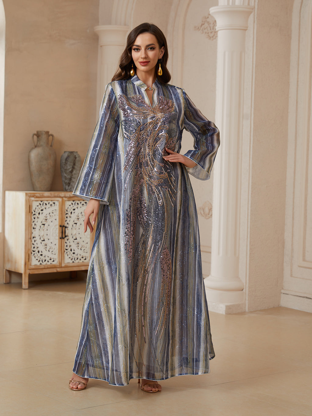 Mesh Sequin Embroidered Maxi Dress