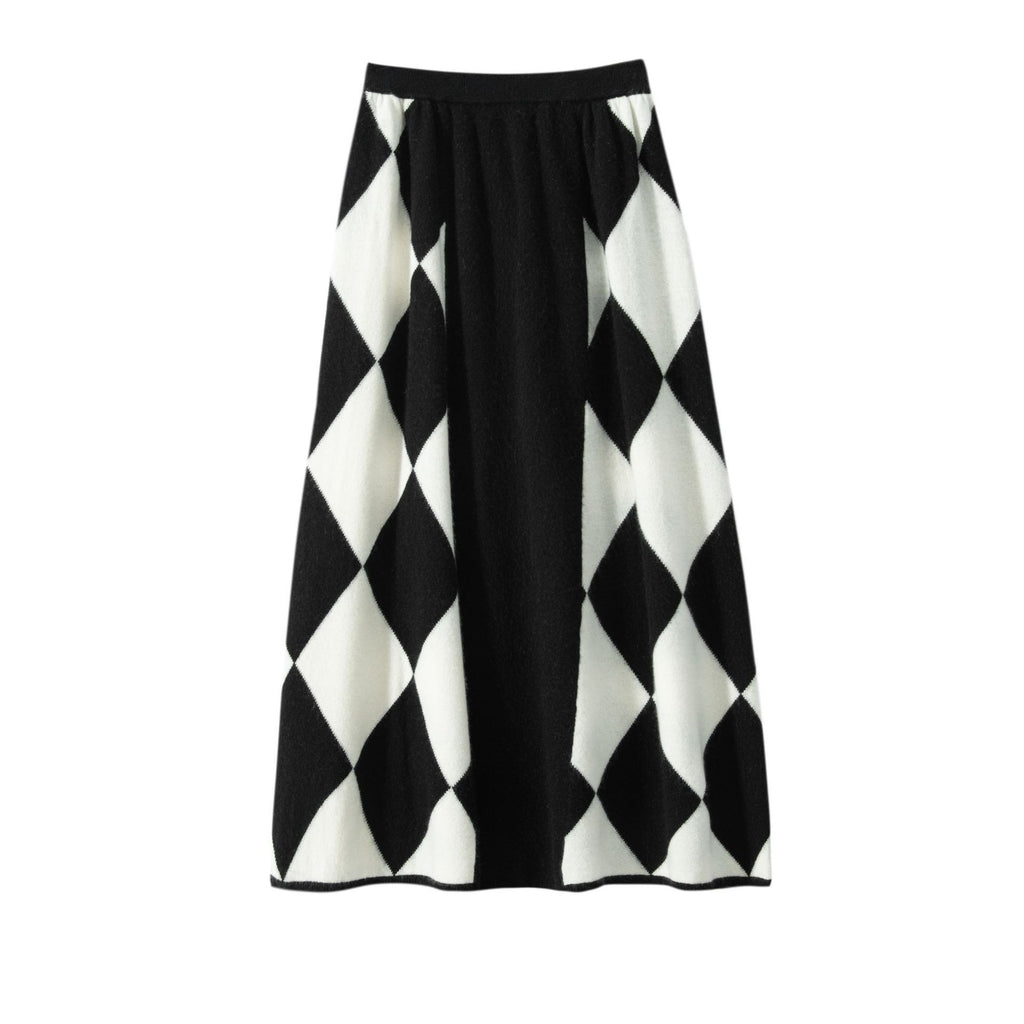 Elastic High-Waist Diamond Checkerboard A-Line Mini Skirt
