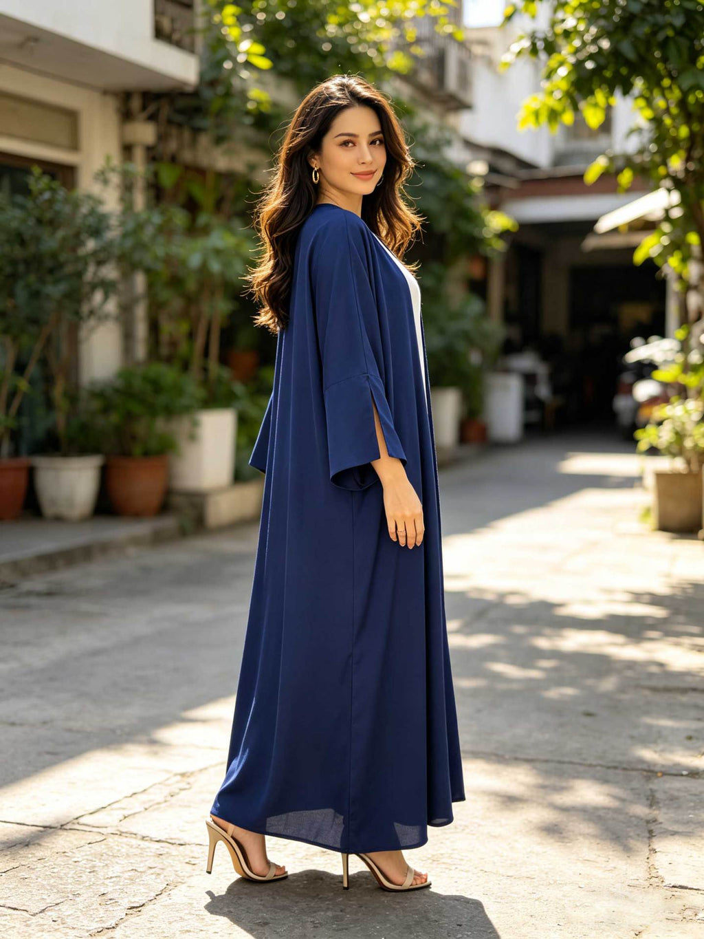 Navy Satin Cape Maxi Dress