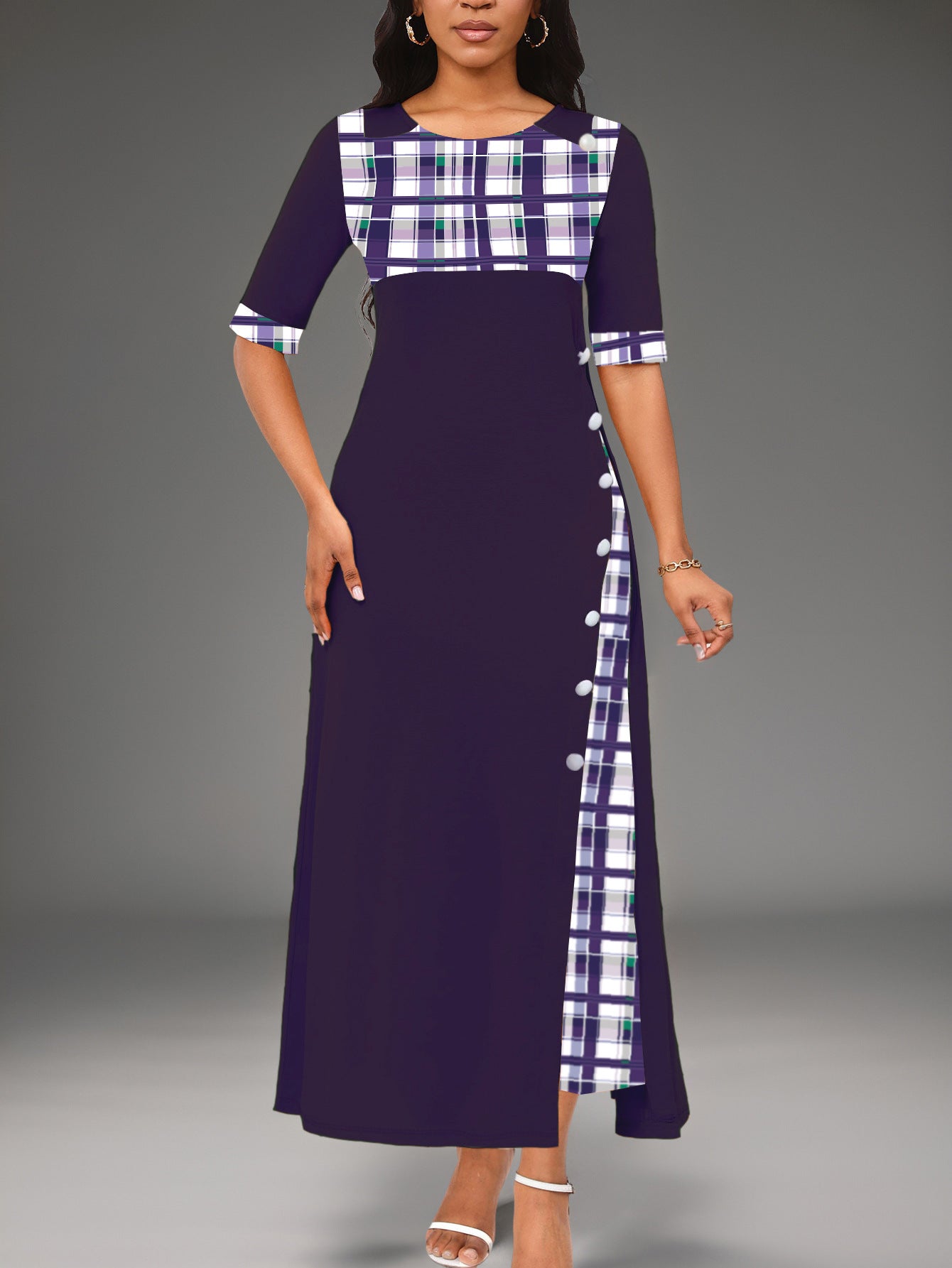Color-Block Round-Neck Irregular-Hem Maxi Dress for Women, Plus Size