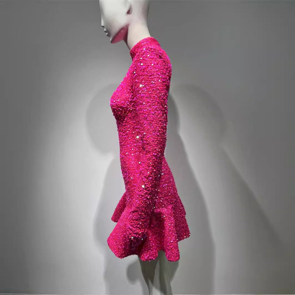 Rose Sequin High-Neck Mini Dress for Women